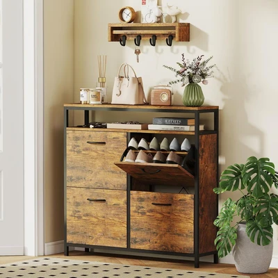 Image of HOMCOM Narrow Shoe Cabinet with 4 Flip Drawers, Industrial Slim Storage Open Shelf and Adjustable Shelves for Hallway, Entryway, Holds 12 20 Pairs, Rustic Brown