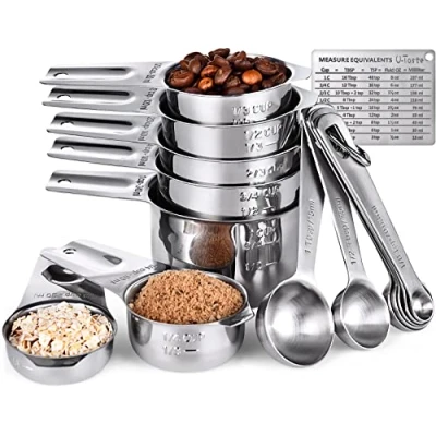 Image of U Taste Measuring Cups and Spoons Set of 15 by 18/8 Stainless Steel, 7 Wide Handle &amp; TSP/TBSP with 2 D Rings 1 Magnetic Measurement Conversion Chart (Silver)