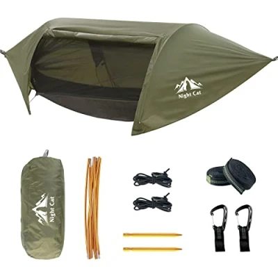 Image of Night Cat Hammock Tent with Mosquito Net Waterproof Rainfly for 1 Person Hiking Camping in Garden Backyard Wild Dark Green