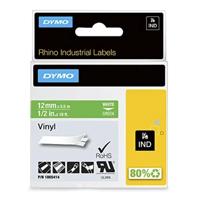 Image of DYMO Rhino Industrial Vinyl Labels 12 mm x 5.5 m White Print on Green Self Adhesive for &amp; LabelManager Label Makers