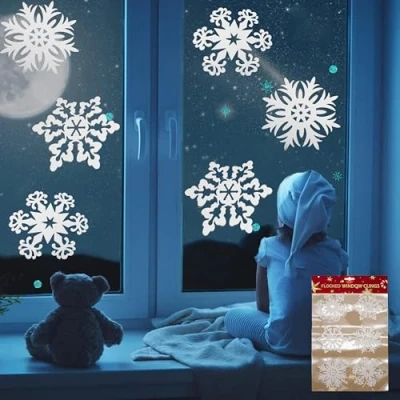 Image of 6PCs Christmas Snowflakes Window Stickers, White Flocked Glitter Decals for Xmas Clings Decorations Winter Party Ornaments (1 Sticker Sheet)