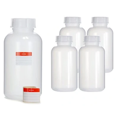 Image of Octopus 5 x 2000 ml wide neck bottles made of LDPE with screw cap, empty 2 litre chemical bottles, laboratory lid as storage container for laboratory, kitchen or hobby