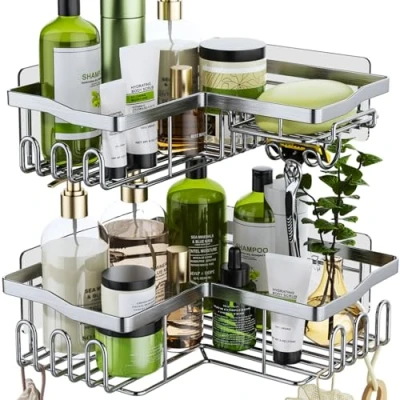 Image of HapiRm Shower Caddy Corner Shelves with 11 Hooks,Shower Organiser for Razor soap and shampoo,Bathroom Storage &amp; Kitchen Bath Accessories Stainless Steel,6 Sticker,2 pcs