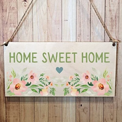 Image of Second Ave Home Sweet Flowers Wooden Hanging Gift Friendship Rectangle New Sign Plaque