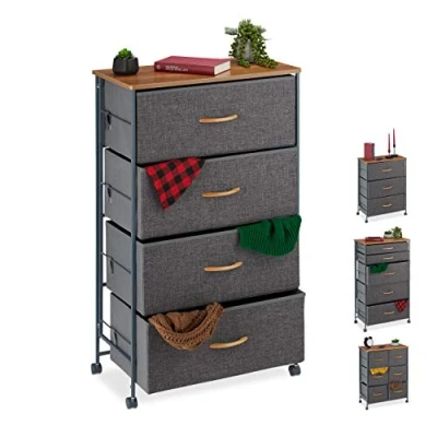 Image of Relaxdays Chest of Drawers on Castors, 4 Fabric Drawers, Decor Stand, Wood Look, HWD 93 x 58 30 cm, Grey