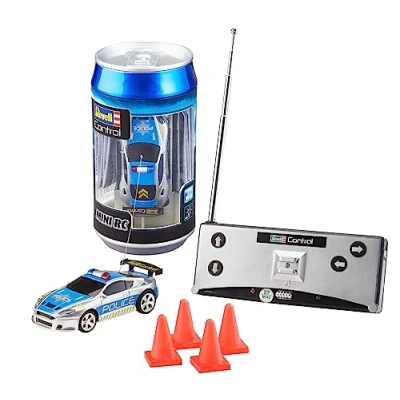 Image of Revell Control 23559 Mini Remote Car Police, With 27 MHz Control, in a Can Container, Includes Traffic Cones, 8cm length