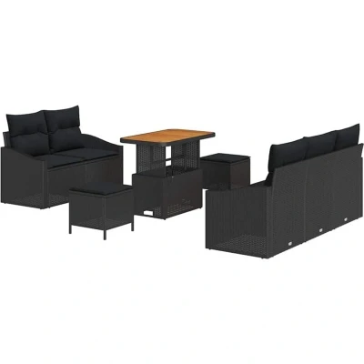 Image of vidaXL 8 Piece Garden Sofa Set with Cushions Black Poly Rattan Acacia