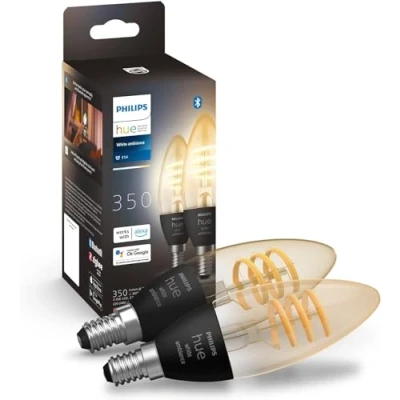 Image of Philips Hue Filament Candle 2 Pack White Ambiance LED Smart Light Bulb [E14 Small Edison Screw] 4.9W for Indoor Home Lighting. Bedroom, Livingroom and Dining.