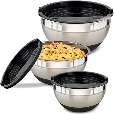 Image of Mixing Bowls with Airtight Lids 3 Pieces Stainless Steel Non Slip Bowl Large Measuring Scale Space Saving Ideal for