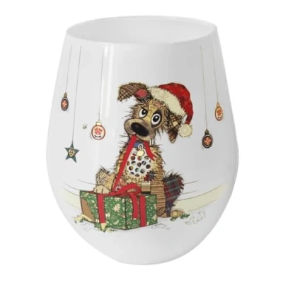 Image of Widdle Gifts Christmas Stemless Wine Glass, in Matching Gift Box, Statement Kitchenware for The Home, by Bug Art (Dog/Mutt 6415)