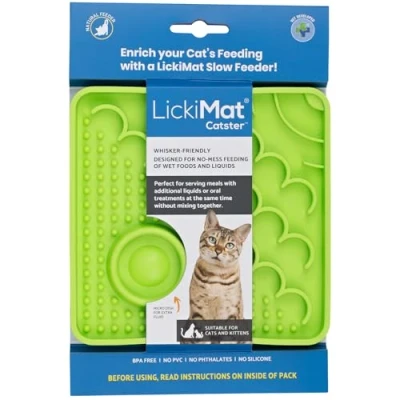 Image of LickiMat Catster Cat Food Mat Slow Feeder with Micro Dish for Added Hydration Perfect Food, Treats, Yoghurt &amp; Anxiety Relief Cats Fun Alternative to Bowl Green