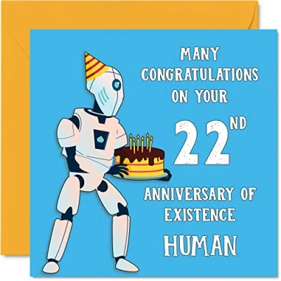 Image of Funny 22nd Birthday Cards for Men Woman Robot Droid Happy Card Son Daughter Brother Sister Grandson Granddaughter Niece Nephew Uncle, 145mm x Joke Humour Banter Greeting