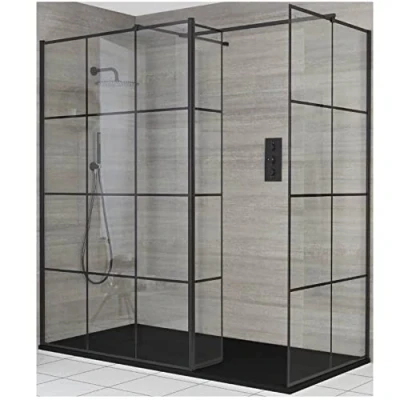 Image of Milano Barq Black Corner Walk In Wet Room Shower Enclosure with Grid Pattern Screens Hinged Return Panel Support Arms and Graphite Slate Effect