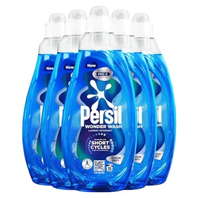 Image of Persil Wonder Wash Liquid Detergent Stain Removal Designed for Shortest Cycles Even in 15 Minutes Fast Acting Formula with PRO S Technology 55 Washes 1.485 Litre, 5 Pack (Odour Defy)