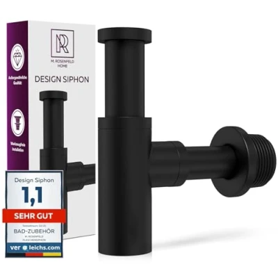 Image of Design Siphon Washbasin Black matt Extra Strong Brass Walls with 750g Odour Trap incl. Seals Cleaning Opening + Installation Instructions on Drainage System
