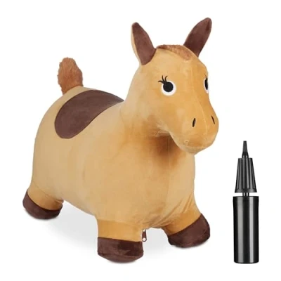 Image of Relaxdays Bouncing Hopper, Horse Design, Incl. Pump, for Children 3+, 50 kg Capacity, BPA Free, Inflatable, Light Brown, 46 x 25 59 cm
