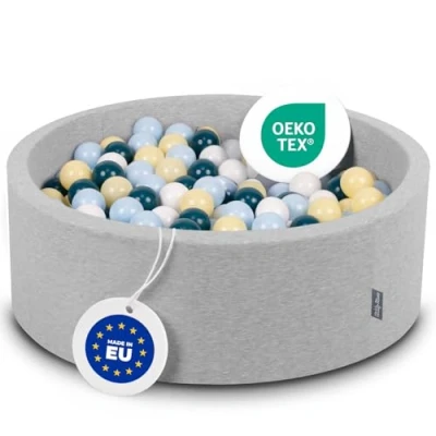 Image of KiddyMoon 90X30cm/300 Balls ∅ 7Cm / 2.75In Baby Foam Ball Pit Made In EU, Light Grey:Dark Turquoise/Pastel Blue/Pastel Yellow/White