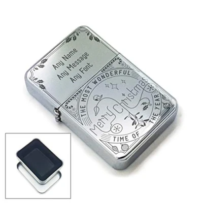 Image of Personalised Engraved Lighter with Vintage Christmas Design, Metal Tin Gift Box, Personalise Any Message