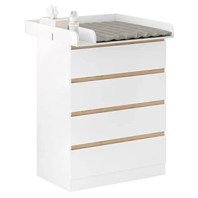 Image of WOLTU Baby Changing Unit with 4 Drawers, Table Cabinet Station, Infant Diaper Changer, Chest of Drawers Dresser for Bedroom Nursery, MDF+Chipboard, White, WT008ws