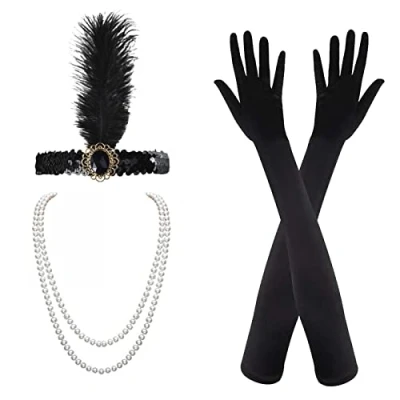 Image of MIVAIUN 1920 Accessories Set, Flapper Accessories, Great Gatsby Headband Long Black Gloves Necklace, Ladies Charleston Vintage Fancy Dress for Women (4 Pieces)