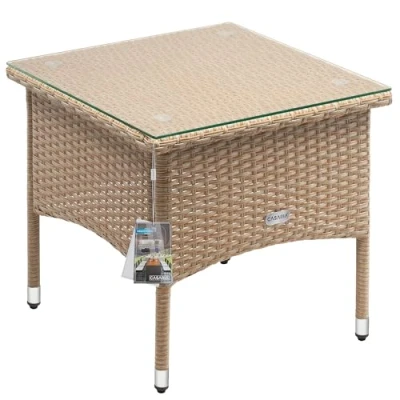 Image of CASARIA® Square Poly Rattan Garden Coffee Side Table Weatherproof With Glass Top 50x50x45cm Height Adjustable Feet Indoor Outdoor Patio Terrace Balcony Conservatory Bistro Beige