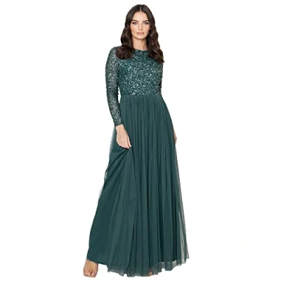 Image of Maya Deluxe Women&#039;s Embellished Long Sleeve Maxi Dress Bridesmaid, Emerald, 12