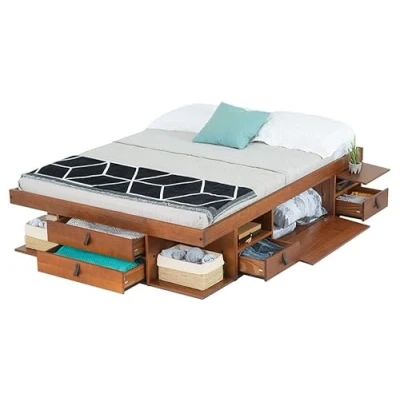 Image of storage bed Bali Special Double (140x190 cm) Caramel frame with drawers and shelves, ideal for small bedrooms Sturdy platform of solid pine wood Incl. slatted