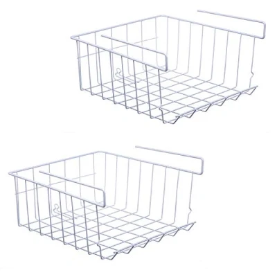 Image of ASTOTSELL Under Shelf Storage Basket, 2 Pack Hanging Metal Wire Basket Organizer for Kitchen, Office, Pantry, Bathroom, Cabinet, White
