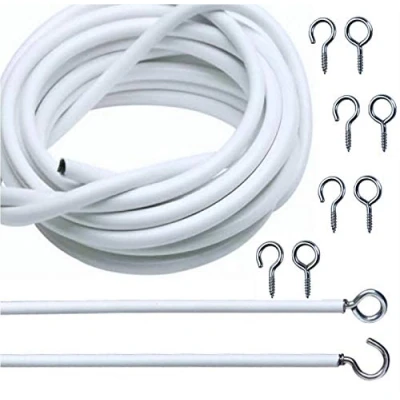 Image of MantraRaj 10ft Curtain Wire 3Meter white Hanging Cord Kit with 6 Pack Self adhesive Hooks