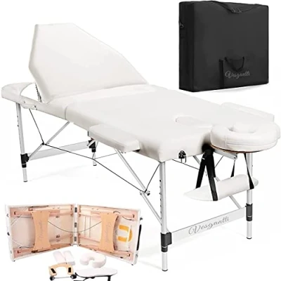 Image of Vesgantti Portable Massage Bed Table 3 Section Aluminium Foldable Beauty Couch for Reiki Therapy Treatment Salon Healing Metal Headrest Support/with Carry Bag (Beige White)