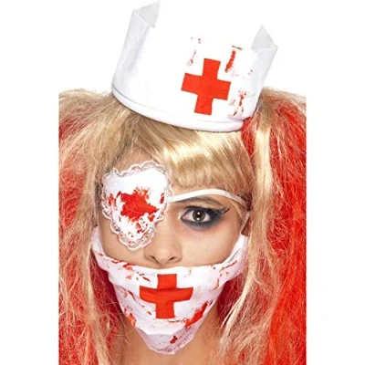 Image of Smiffys Bloody Nurse Kit, White with Mask, Headpiece &amp; Eyepatch, Blood Effect, Halloween Zombie Alley Fancy Dress, Dress Up Accessories
