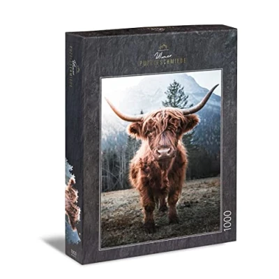 Image of Ulmer Puzzleschmiede puzzle &quot;Highland cattle&quot; 1000 pieces jigsaw strong highland cattle in front of a cold alpine scenery