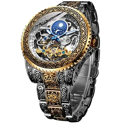 Image of FORSINING Retro Watch for Men Carved Self Wind Mechanical Tattoo Tourbillon Moon Phase Independent Seconds Skeleton Automatic Big Dial Wrist Watches, gold,