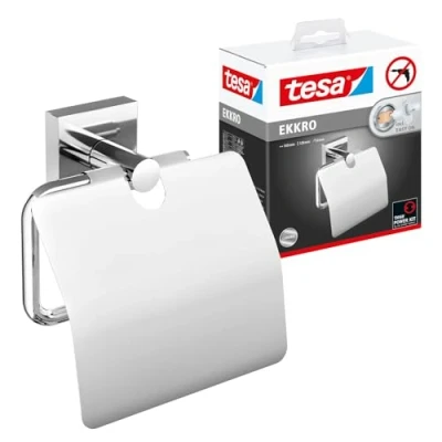 Image of tesa EKKRO Toilet Paper Holder with Lid Chromed Metal for Bathrooms and Guest Toilets Including Self Adhesive Solution without Drilling 53 mm x 140 128