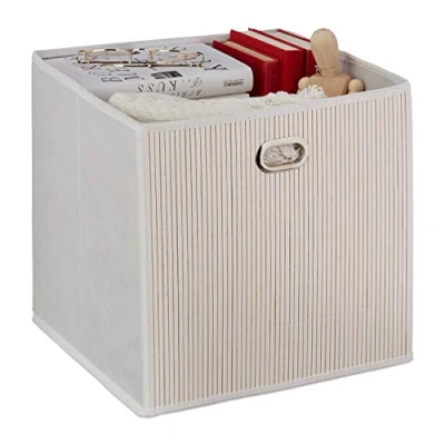 Image of Relaxdays Bamboo Storage Basket, Bathroom &amp; Bedroom Organiser, Cube, Tall Box, HxWxD 31 x cm, Folding, White
