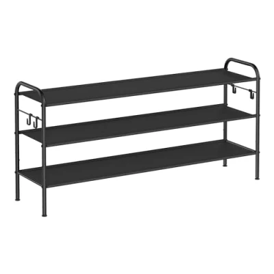 Image of SONGMICS Shoe Rack, 3 Tier Organiser, Fabric Shelf Storage with 4 Hooks, Holds up to 18 Pairs of Shoes, Height Adjustable Rack for Entryway, Hallway, Closet, Easy Assembly, Ink Black