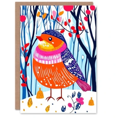 Image of Wee Blue Coo Greeting Card Cute Robin Bird Winter Hat Forest Snow Folk Art Blank For Him Or Her Xmas Christmas
