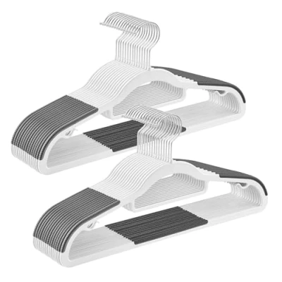 Image of SONGMICS Pack of 30 Plastic Clothes Hangers, Non Slip Space Saving, Thickness 0.5 cm, Length 42 360 Hook, Metallic Grey, White and Dark Grey CRP20WG30