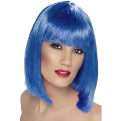 Image of Smiffys Glam Wig, Blue Short, Blunt with Fringe, Ladies Glamour Wigs Fancy Dress, Adult Dress Up