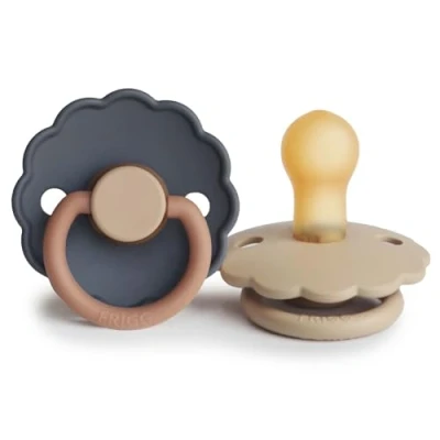 Image of FRIGG Daisy Latex Pacifier Pack of 2 Natural Rubber Soother Dummy BPA Free Made in Denmark Symmetrical Cherry Shaped Nipple (Aurora/Croissant, Size 1 (0 6 Months))