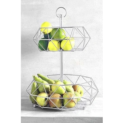 Image of Fruit Bowl Silver with 2 Tiers Baskets Veg &amp; Fruits storage Rack Basket Large for Kitchen Counter Top Vegetables