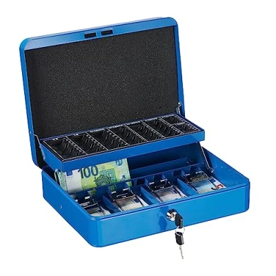 Image of Relaxdays Cash Box, Blue, H x W D: 8.5 30.5 24.5 cm