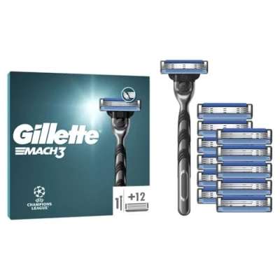 Image of Gillette Mach3 Men&#039;s Razor + 12 Blade Refills, 3 Blades for a Smooth Shave, Fits All Handles