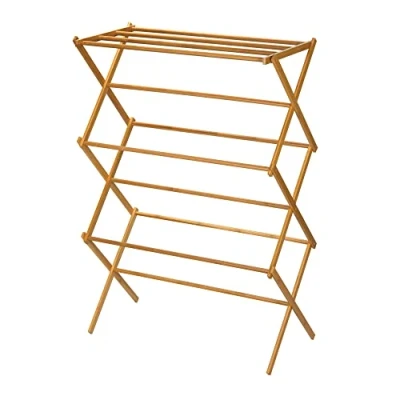 Image of Household Essentials Folding Tall Wooden Clothes Drying Rack, Bamboo