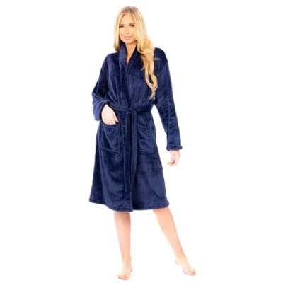 Image of Adore Home Ladies Flannel Fleece Bathrobe Soft &amp; Warm Dressing Gown Bath Robe Shawl Collar, Navy Blue, S M