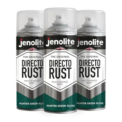 Image of JENOLITE Directorust Gloss Spray Paint Hunter Green 3 x 400ml Direct to Rust for Metal Multi Surface Wood, Metal, Plastic, Ceramic RAL 6028