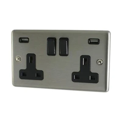 Image of G&amp;H Brassware Contour Brushed Steel 2 Gang / Double Plug Socket with USB CSS910B