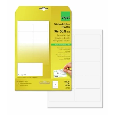 Image of SIGEL LA216 Universal Removable Labels, 9.6 x 5.08 cm, 250 lbl equal to 25 sheets, White