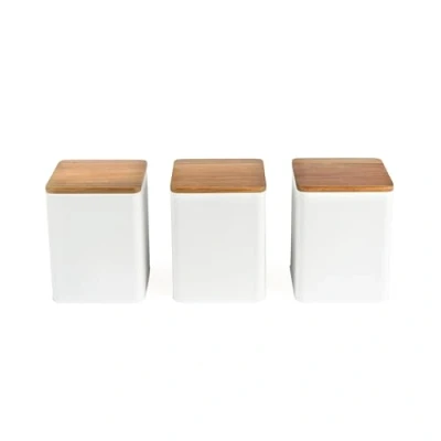 Image of Salter BW12898WEU7 Toronto 3 Piece Canister Set Tea, Coffee, Sugar Storage Canisters, Powder Coated Matt Finish, Acacia Wood Lids, Easy Clean, Space Saving Jars, Long Lasting Freshness, White