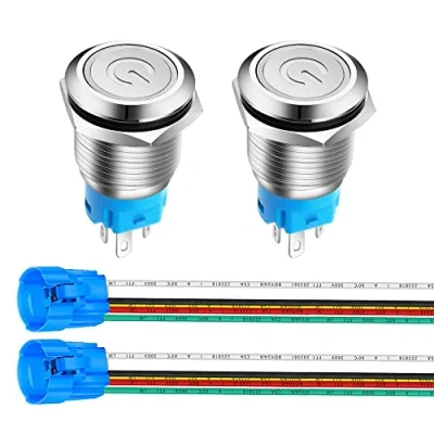 Image of Gebildet 2 Pieces 0.63&#039;&#039;/16mm Stainless Steel Latching Push Button Switch 12V 24V 5A Power Symbol LED 1NO1NC SPDT ON Off Waterproof Toggle with Wire Socket Plug (White LED)